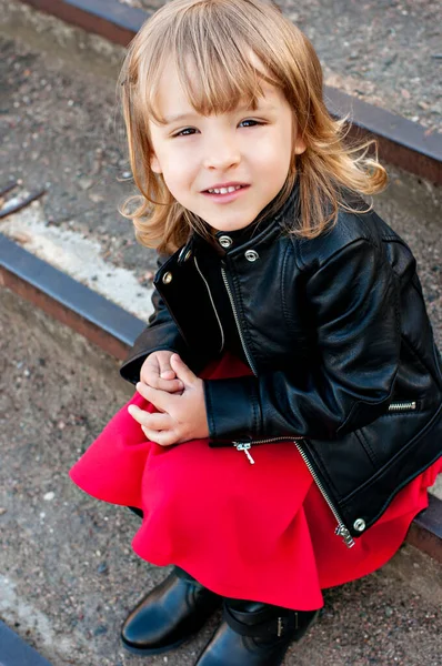 Beautiful Little Girl Blonde Brown Eyes Red Skirt Black Leather — Stock Photo, Image