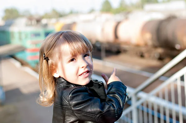 Beautiful Little Girl Blonde Brown Eyes Red Skirt Black Leather — Stock Photo, Image