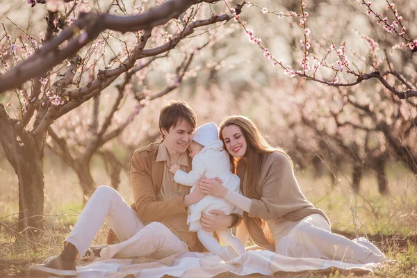 Šťastná Rodina Odpočívá Pikniku Kvetoucích Broskvových Zahradách Při Západu Slunce — Stock fotografie
