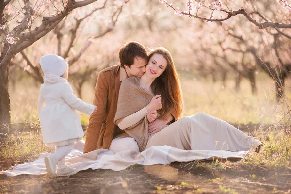 Szczęśliwa Rodzina Relaksuje Się Pikniku Kwitnących Ogrodach Brzoskwiniowych Zachodzie Słońca — Zdjęcie stockowe