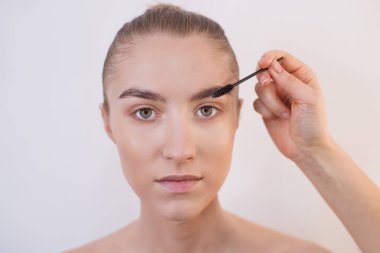 Profesyonel bir kaş sanatçısı tarafından yapılan düzeltme ve kaş kaplaması. Makyöz, kaşları ve kirpikleri için özel bir fırçayla saç, tarak ve stil çıkarıyor. Temiz yüz bakımı, doğal güzellik..