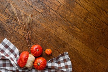 Düz kırmızı minyatür hokkaido balkabakları ahşap bir zeminde, yabani çiçekler ve mısırla kaplı beyaz-kahverengi kareli kumaşta yatar. Cadılar Bayramı için bir kart şablonu, Şükran Günü. Boşluğu kopyala 