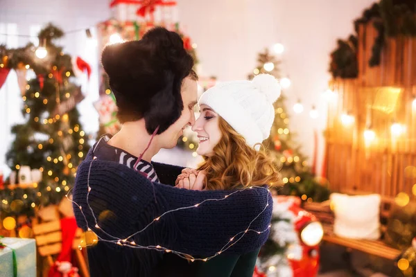 Close Portrait Young Couple Love Background Christmas Trees Garlands Young — Stock Photo, Image