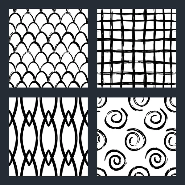 Un conjunto de cuatro patrones sin costura dibujados a mano en blanco y negro. Lunares, pincelada cruz y patrones de estilo escandinavo . — Vector de stock