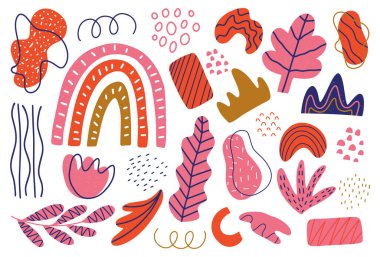 El çizimi şekiller koleksiyon, izole karalamalar, çiçek demeti, girdaplar ve yapraklar