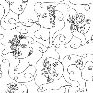 One line drawing abstract face seamless pattern. vector One line drawing abstract face seamless pattern. vector