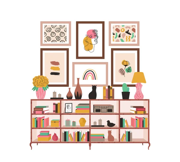 Livraria com livros e plantas de sala e imagem estilo escandinavo —  Vetores de Stock