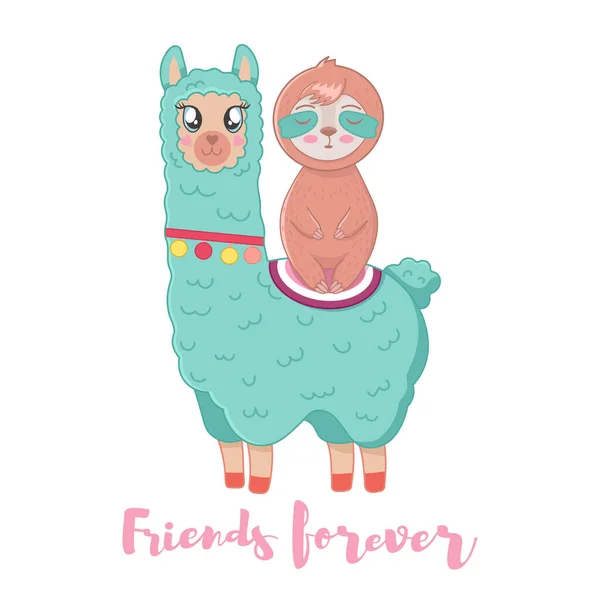 Vector Ilustração de desenhos animados fofos bonitos llama e preguiça —  Vetores de Stock