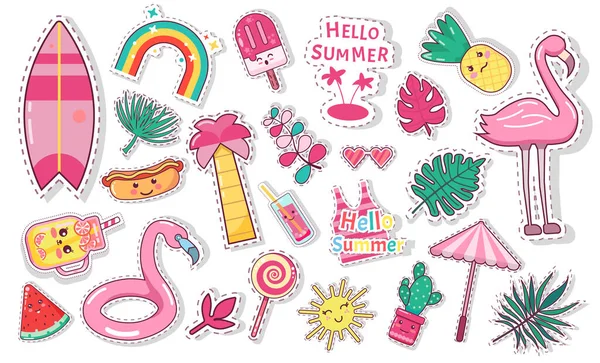Set ikon musim panas yang lucu: makanan, minuman, daun palem - Stok Vektor