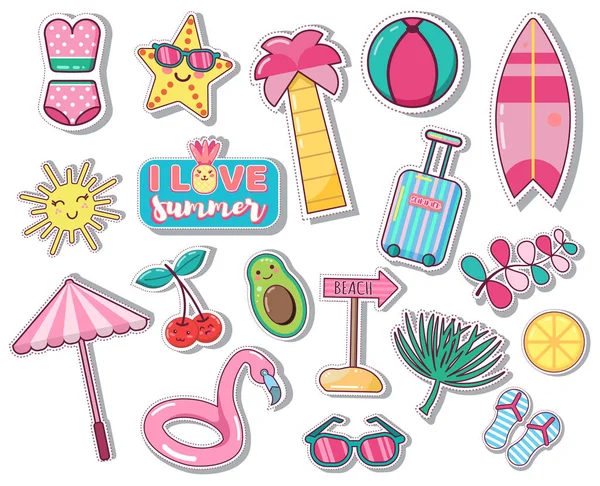 Set ikon musim panas lucu: daun palem, buah-buahan, flamingo. Poster musim panas cerah - Stok Vektor