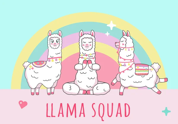 Leuke lama alpaca inscriptie schattig squad op eenhoorn squad — Stockvector