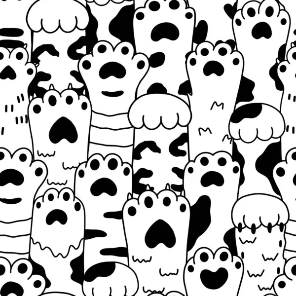 Vector cute cartoon black and white sketch paw pets seamless pattern — Stock Vector