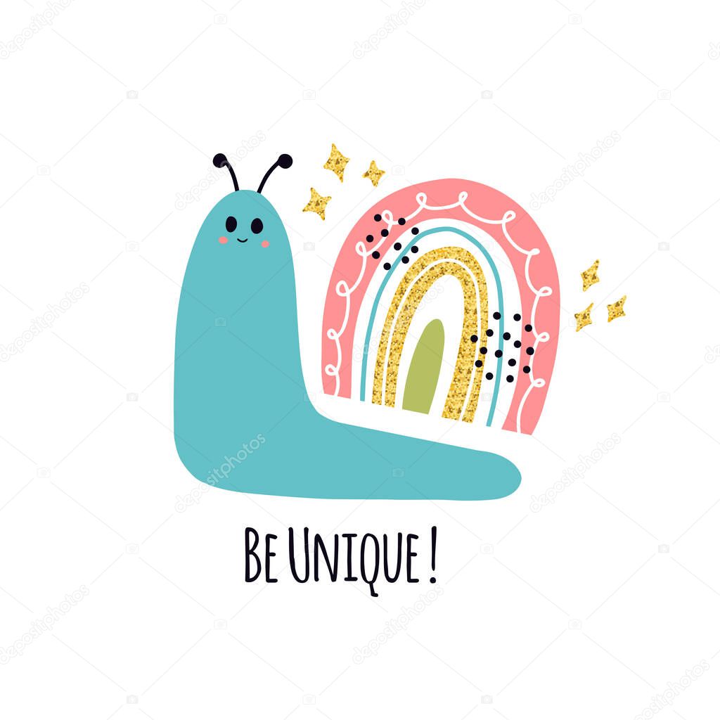 Vector cute funny rainbow snails in abstract scandinavian style