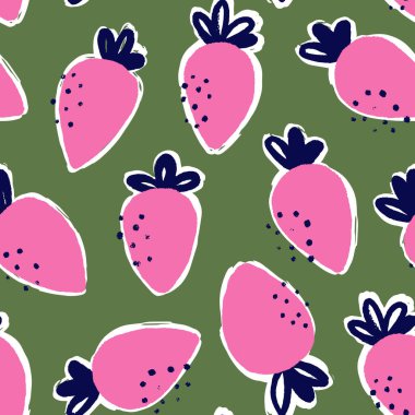 Retro vintage 80 'ler Çilek Gıda Moda Stili, kusursuz desenli illüstrasyon geçmişi. Kumaş tasarımı, kağıt baskısı ve web sitesi arkaplanı için ideal