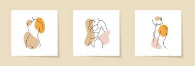 Doğrusal kadın figürünü ayarlayın. Kadın yüzünün sürekli çizgisel silueti. Avatarlı kızların el çizimi. Güzellik salonu, makyaj sanatçısı ve stilisti için minimal tarzda doğrusal cazibe logosu