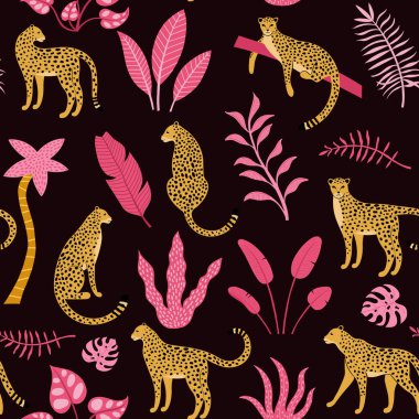 Leoparlar ve palmiye ağaçlarıyla el çizimi kusursuz desen