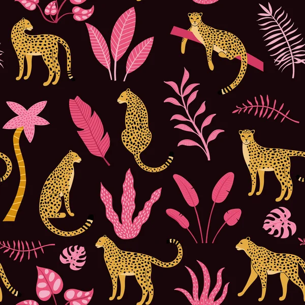 Kézzel rajzolt varrat nélküli minta leopárdokkal, pálmafákkal — Stock Vector