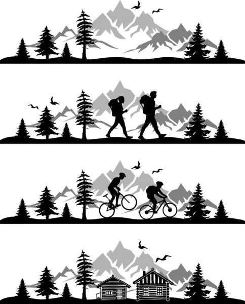 Bike Hike Nature Landscape Vector Set — Stock Vector