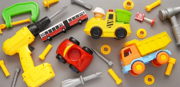 Toys Background Set Toy Contruction Tools Cars Boys Playing Flat — Stock Photo, Image