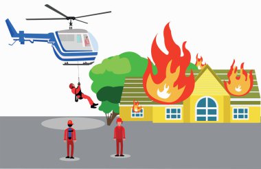 Yanan evde helikopter kurtarma insanları yangından kurtarıyor.