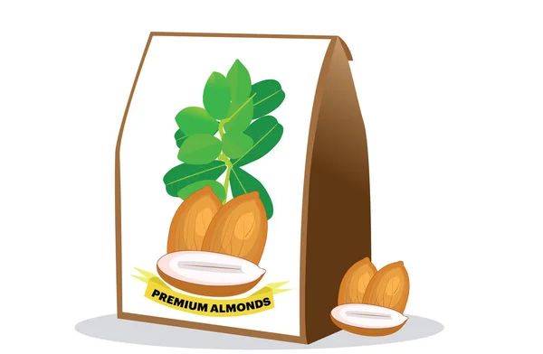Almonds Packaging Vector Leaves Branding Flat Illustration — Stock Vector
