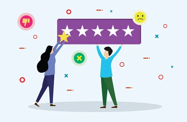 Customer Feedback Ratings Vector People Holding Stars Reviews Flat Illustration — Stock Vector