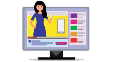 kadın blog yazarı ürünü akıllı telefon değerlendirme vektör kavramını düz çizim haline getiriyor