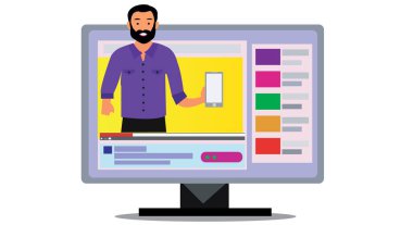 Erkek blog yazarı ürünü akıllı telefon değerlendirme vektör kavramını düz illüstrasyon haline getiriyor