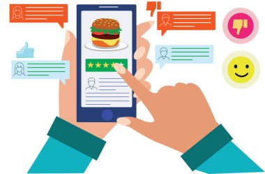 taşınabilir vektör üzerindeki yiyecek incelemeleri çevrimiçi blog yazarlarına düz illüstrasyon veriyor