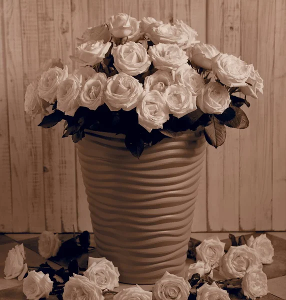 Grande Buquê Rosas Brancas Vaso Cinza Qual São Colocadas Flores — Fotografia de Stock