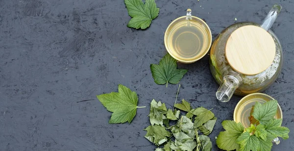 Fundo Drogas Verão Herbal Chá Bule Vidro Xícaras Com Folhas — Fotografia de Stock