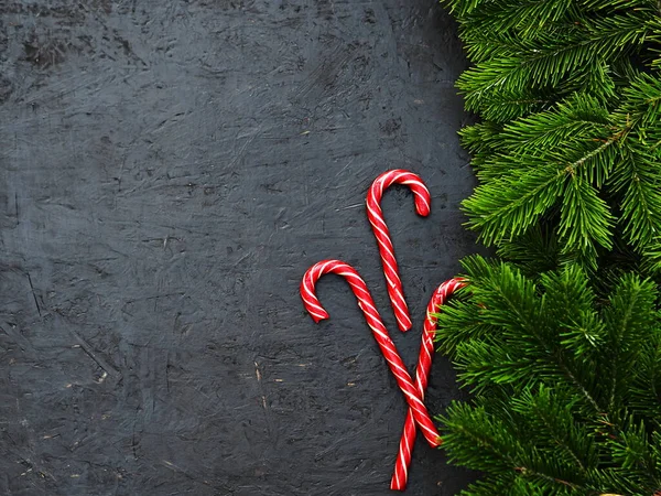 Platz Für Text Weihnachtslutscher Auf Grauem Hintergrund Mit Tannenbaumzweigen — Stockfoto