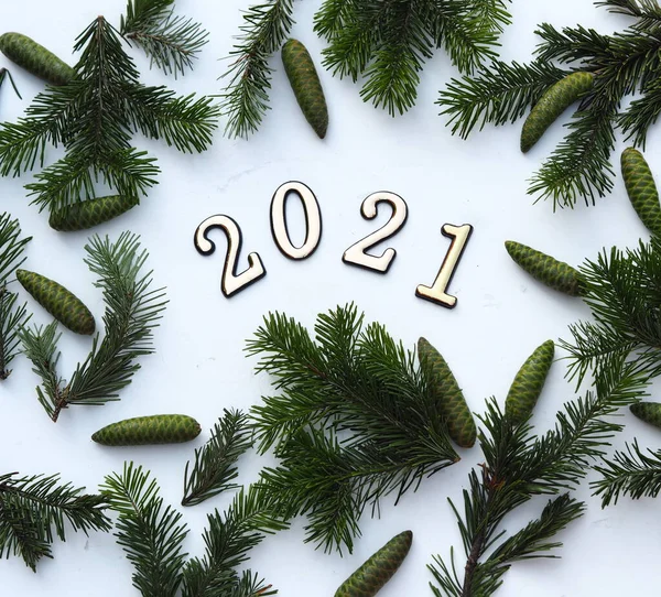 New Years greetings. Fir branches are laid out on a background with a place for text. — Stock Photo, Image