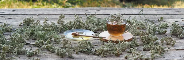 Medicinal herbs.Yarrow örtte i en glaskopp med honung på en trä naturlig bakgrund. — Stockfoto