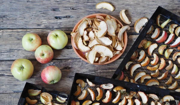 Harvesting Season Dried Berries Fruits Fresh Dried Apples Black Rack — Stock Photo, Image