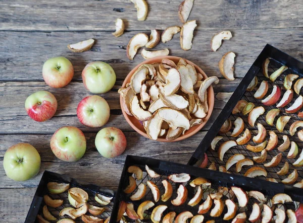 Harvesting Season Dried Berries Fruits Fresh Dried Apples Black Rack — Stock Photo, Image