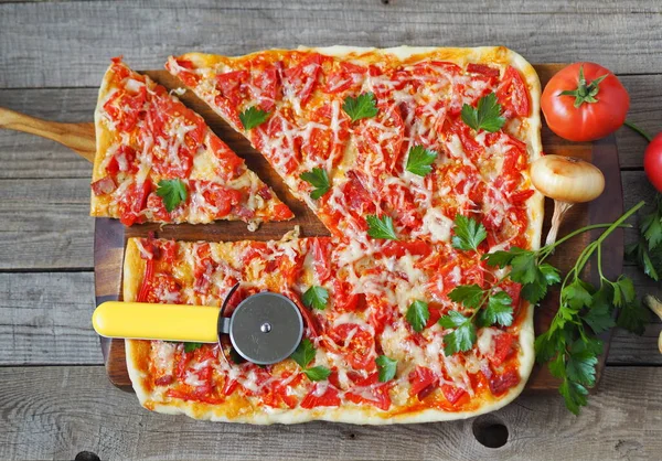 Vista Dall Alto Sfondo Alimentare Con Pizza Fatta Casa Tavolo — Foto Stock