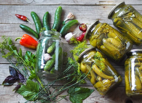 Process Home Canning Cucumbers Glass Jars Lids Storage Winter Jars — Stock Photo, Image