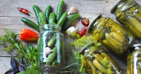 Process Home Canning Cucumbers Glass Jars Lids Storage Winter Jars — Stock Photo, Image