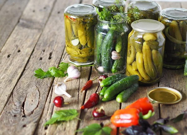 Wooden Background Cucumbers Process Preserving Cucumbers Glass Jars Lids Storage — Stock Photo, Image