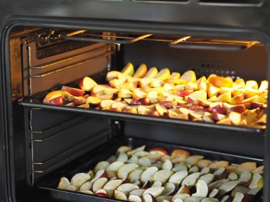 Elmaları mutfak fırınında kurutma işlemi. Daha sonra kullanmak için ev yapımı kurutulmuş meyve..