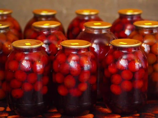 Preservation Winter Pantry Cellar Large Glass Jars Home Preservation Plum — Stock Photo, Image