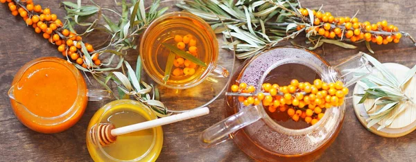 Concept Protection Treatment Influenza Folk Remedies Using Beneficial Sea Buckthorn — Stock Photo, Image