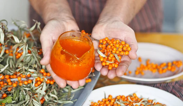 Tıbbî deniz dikenli üzüm toplama mevsimi. Yaşlı bir kadının hobisi, ellerinin deniz dikenli üzümleri tutmasıdır. Kendimizi gripten ve sonbahar soğuğundan koruyalım..