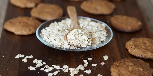 Homemade Oatmeal Cookies Whole Grain Rye Flour Glass Plate Oatmeal — Stock Photo, Image