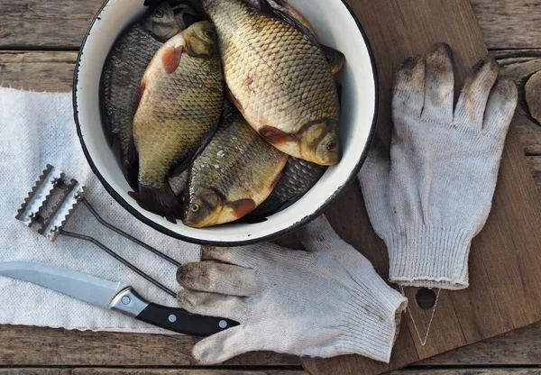 Carpa Dorada Fresca Tazón Cocina Listo Para Ser Escalado Pescado — Foto de Stock