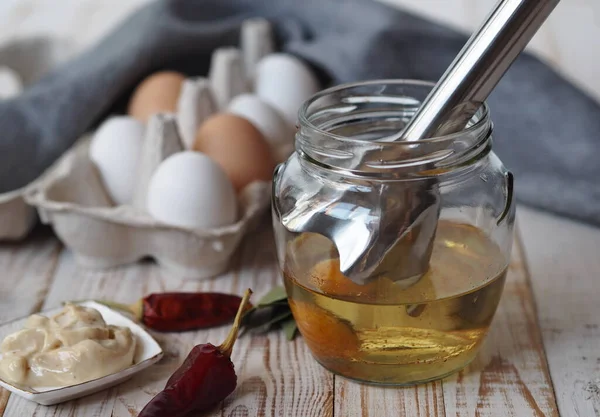 Etapa Hacer Mayonesa Casera Partir Ingredientes Naturales Saludables Frasco Con — Foto de Stock