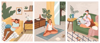 Ev konsepti vektör illüstrasyonunda kalın. Vinil kayıt cihazından müzik dinle. Yoga ve meditasyon yapan bir kadın. Kız kanepede kitap okuyup rahatlıyor. Farkındalık, refah ve rahatlama.