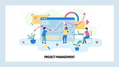 Proje yönetimi ve iş analizi konsepti çizimi. Torpido gözünde takım çalışması. Finansal analiz. Vektör web sitesi tasarım şablonu