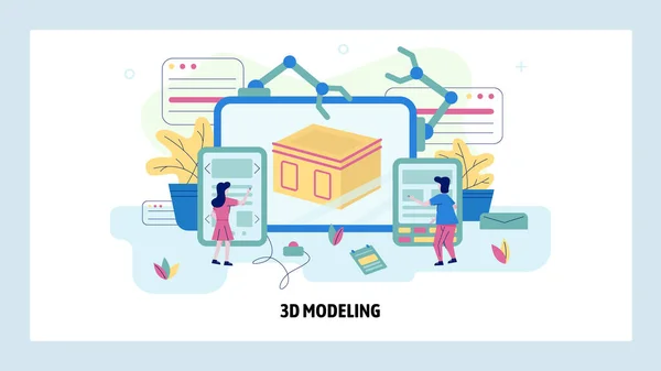 Modelagem 3D, impressão e fabricação industrial. Protótipo de engenharia cad, manipulador de braços robóticos. Ilustração de conceito. Modelo de design de web site vetorial —  Vetores de Stock